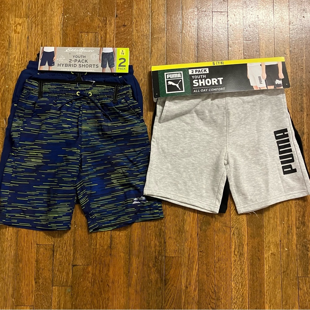 2 Puma’s Youth All-Day Comfort Shorts and 2 Eddie Bauer Hybrid Shorts - S (7/8)